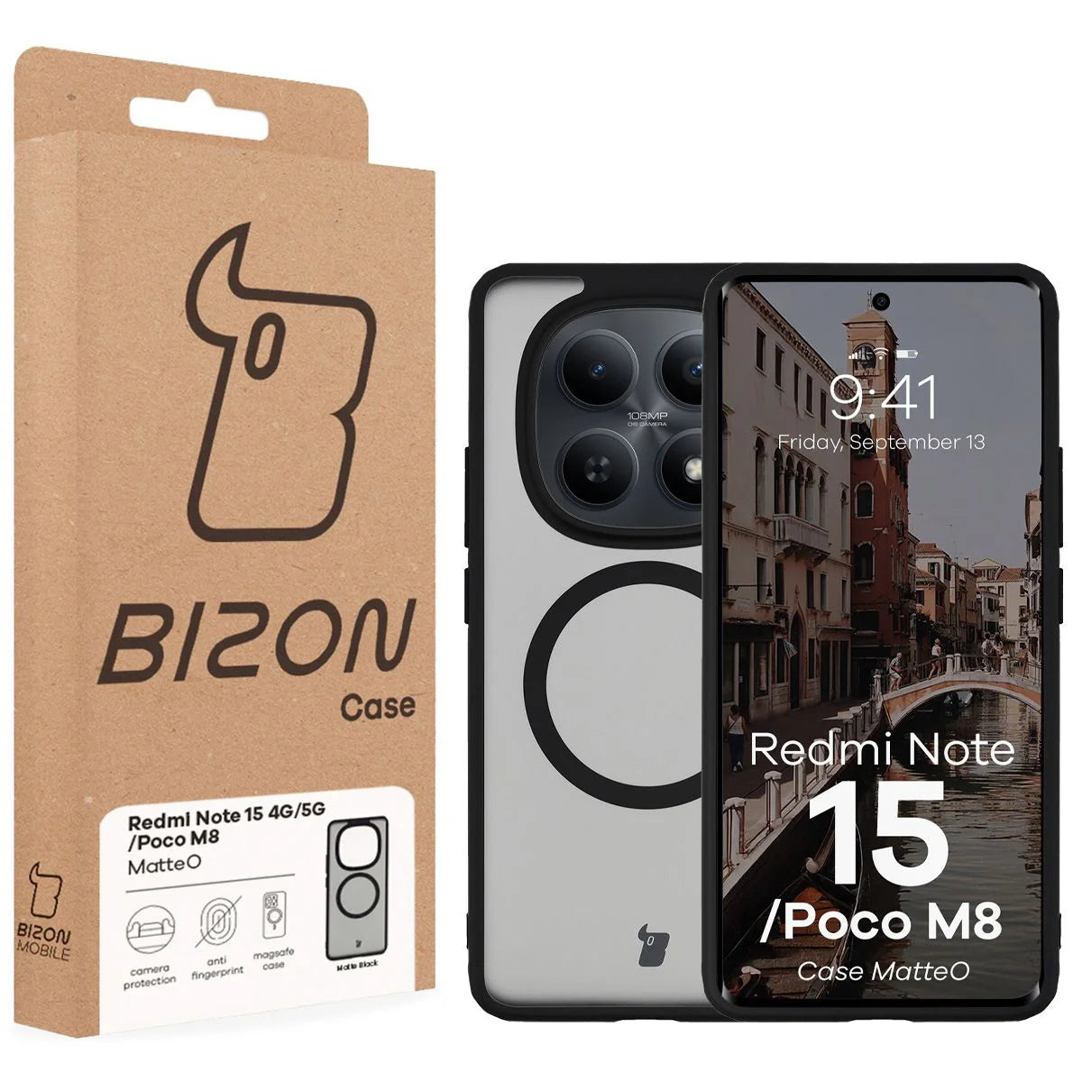 Handyhülle mit Magnetring für Xiaomi Redmi Note 15 4G / 5G / POCO M8 5G, Bizon Case MatteO, Getönt-Schwarz