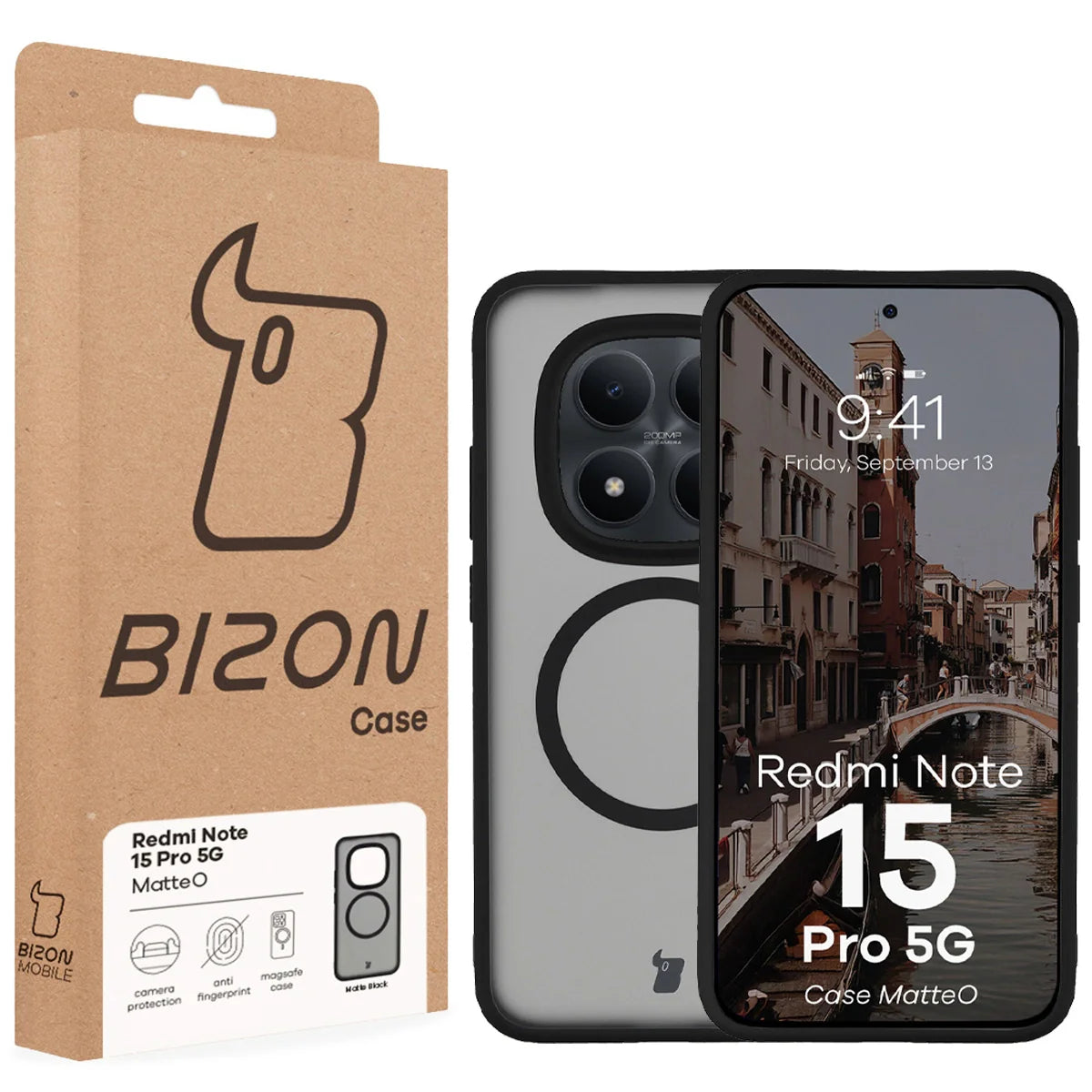 Handyhülle mit Magnetring für Xiaomi Redmi Note 15 Pro 5G, Bizon Case MatteO, Getönt-Schwarz