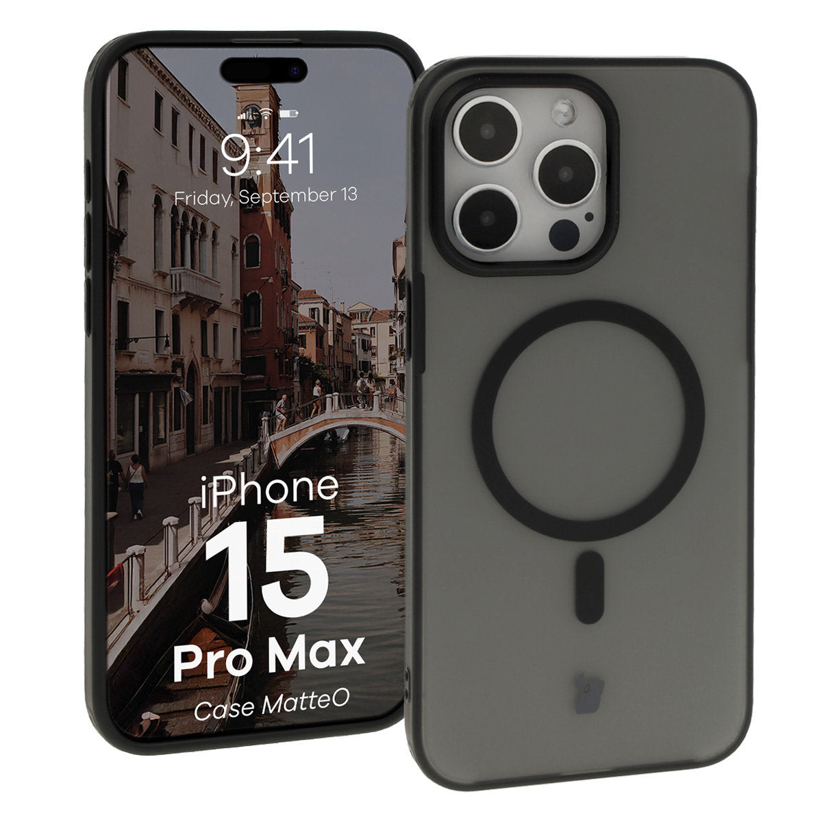 Handyhülle mit Magnetring für iPhone 15 Pro Max, Bizon Case MatteO, Semitransparent mit schwarzem Rand