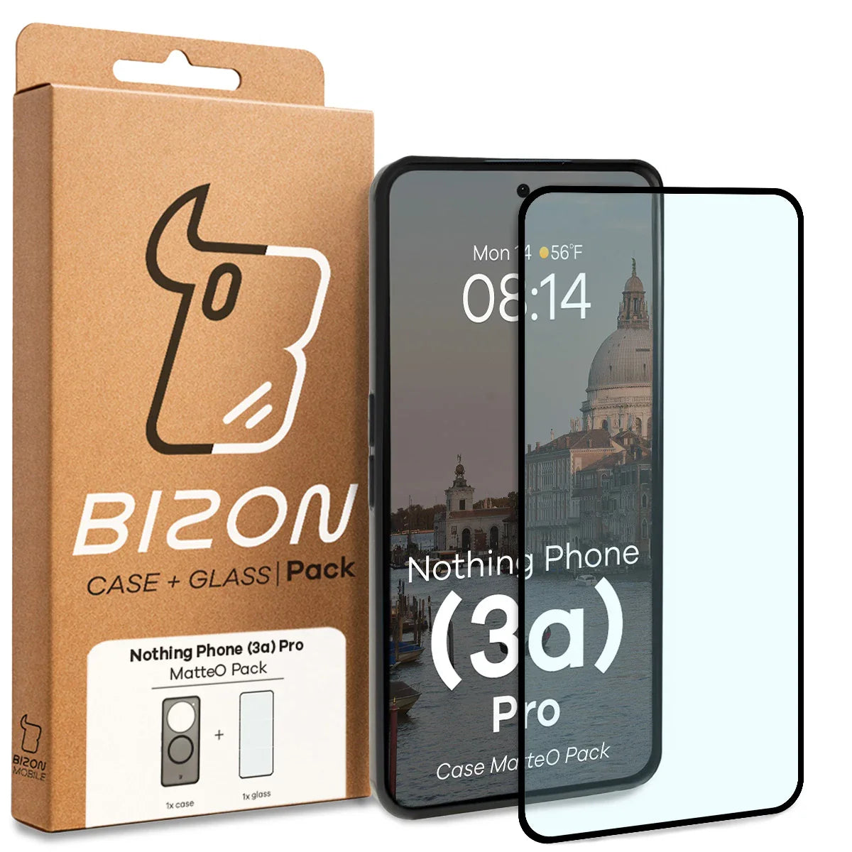 Schutzhülle mit Magnetring + gehärtetem Glas für Nothing Phone (3a) Pro, Bizon MatteO Pack, Getönt-Schwarz