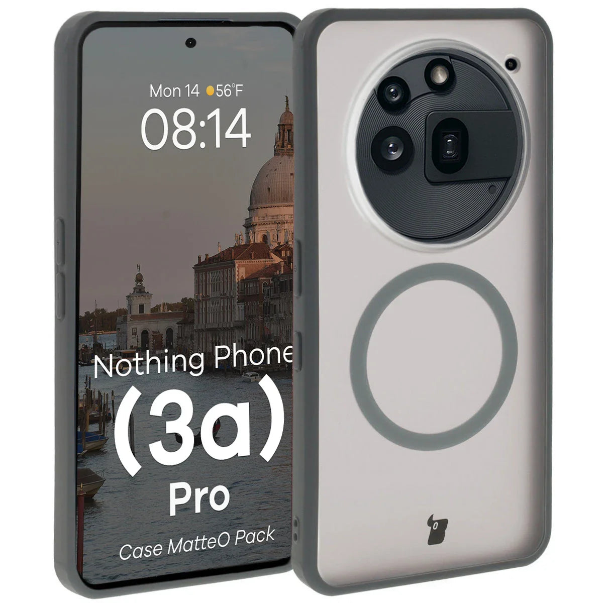 Schutzhülle mit Magnetring + gehärtetem Glas für Nothing Phone (3a) Pro, Bizon MatteO Pack, Getönt-Grau