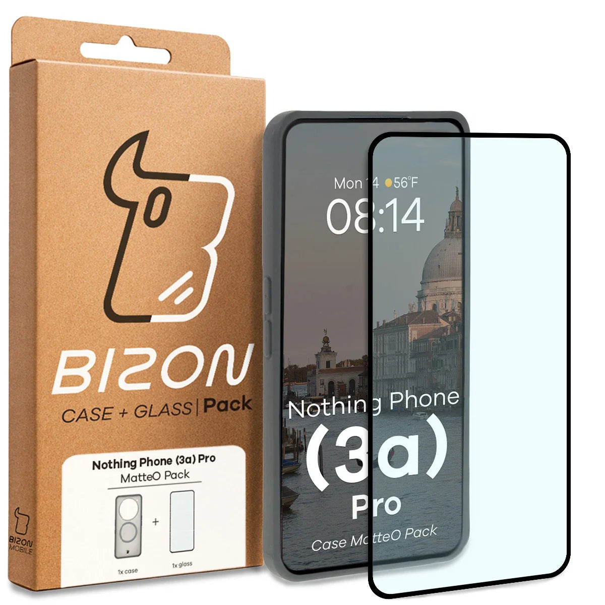 Schutzhülle mit Magnetring + gehärtetem Glas für Nothing Phone (3a) Pro, Bizon MatteO Pack, Getönt-Grau