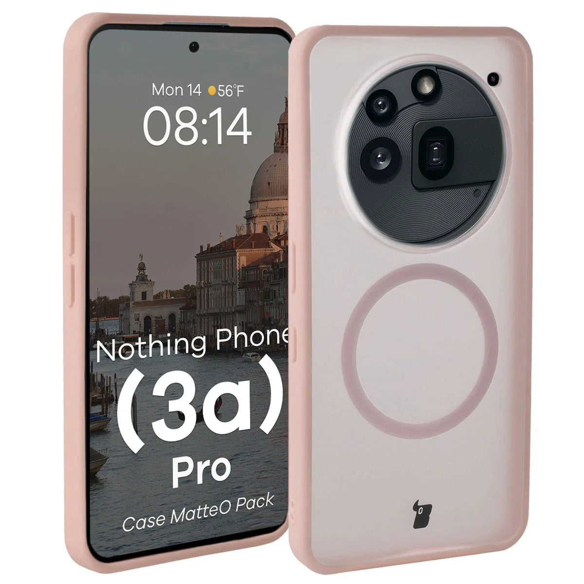 Schutzhülle mit Magnetring + gehärtetem Glas für Nothing Phone (3a) Pro, Bizon MatteO Pack, Getönt-Rosa