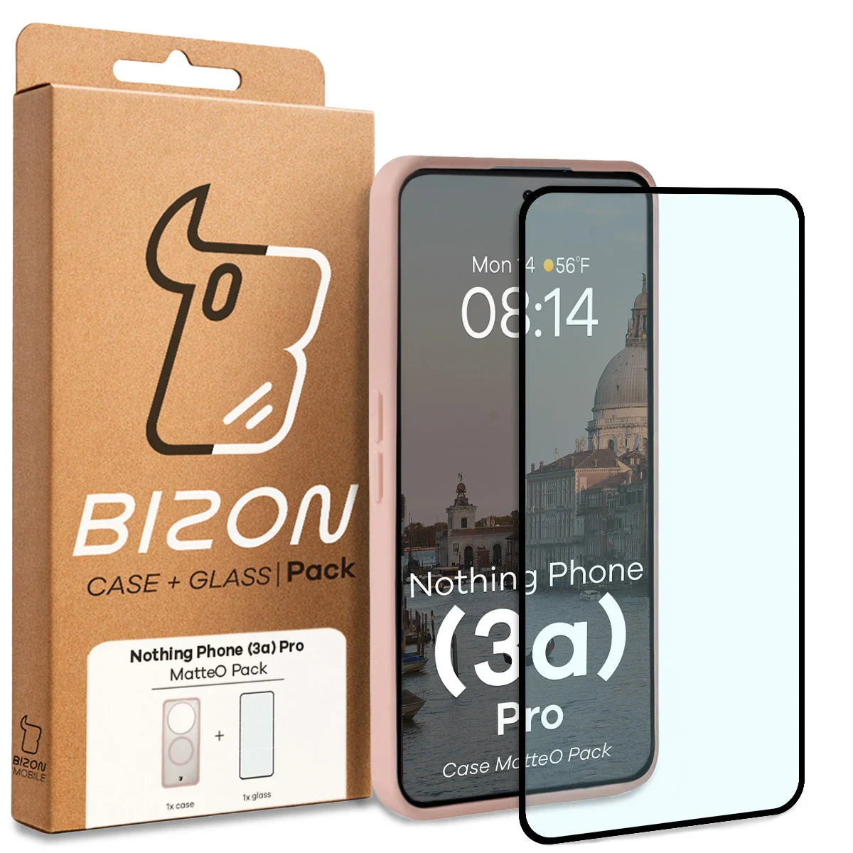 Schutzhülle mit Magnetring + gehärtetem Glas für Nothing Phone (3a) Pro, Bizon MatteO Pack, Getönt-Rosa