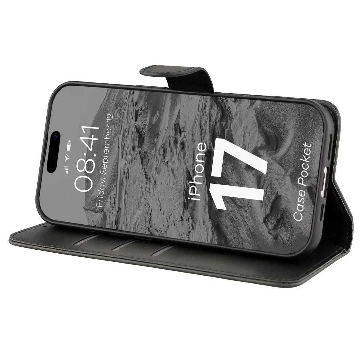 Handyhülle mit Klappe für iPhone 17, Bizon Case Pocket, Schwarz