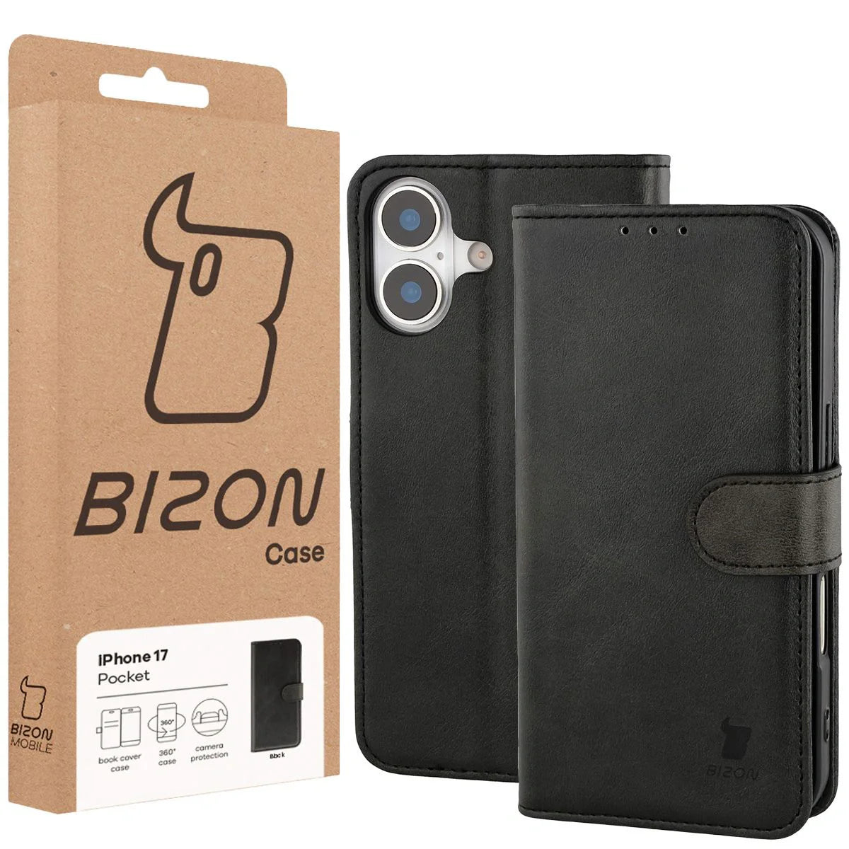 Handyhülle mit Klappe für iPhone 17, Bizon Case Pocket, Schwarz