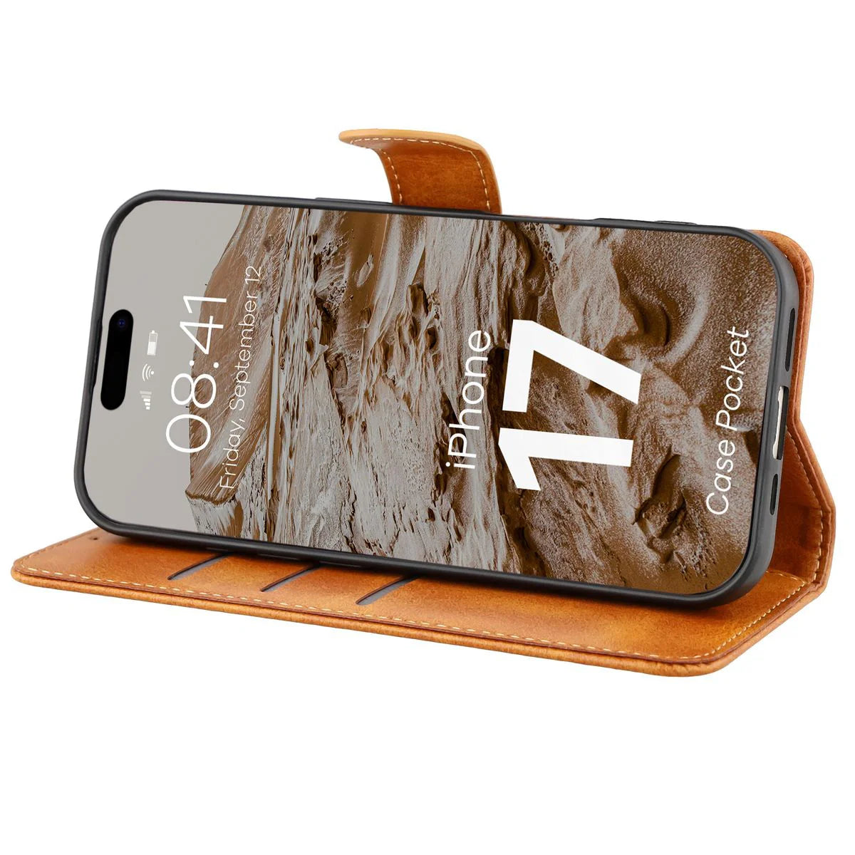 Handyhülle mit Klappe für iPhone 17, Bizon Case Pocket, Braun