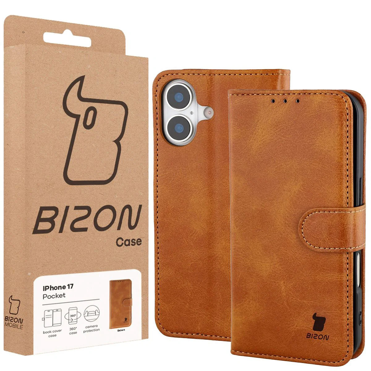 Handyhülle mit Klappe für iPhone 17, Bizon Case Pocket, Braun