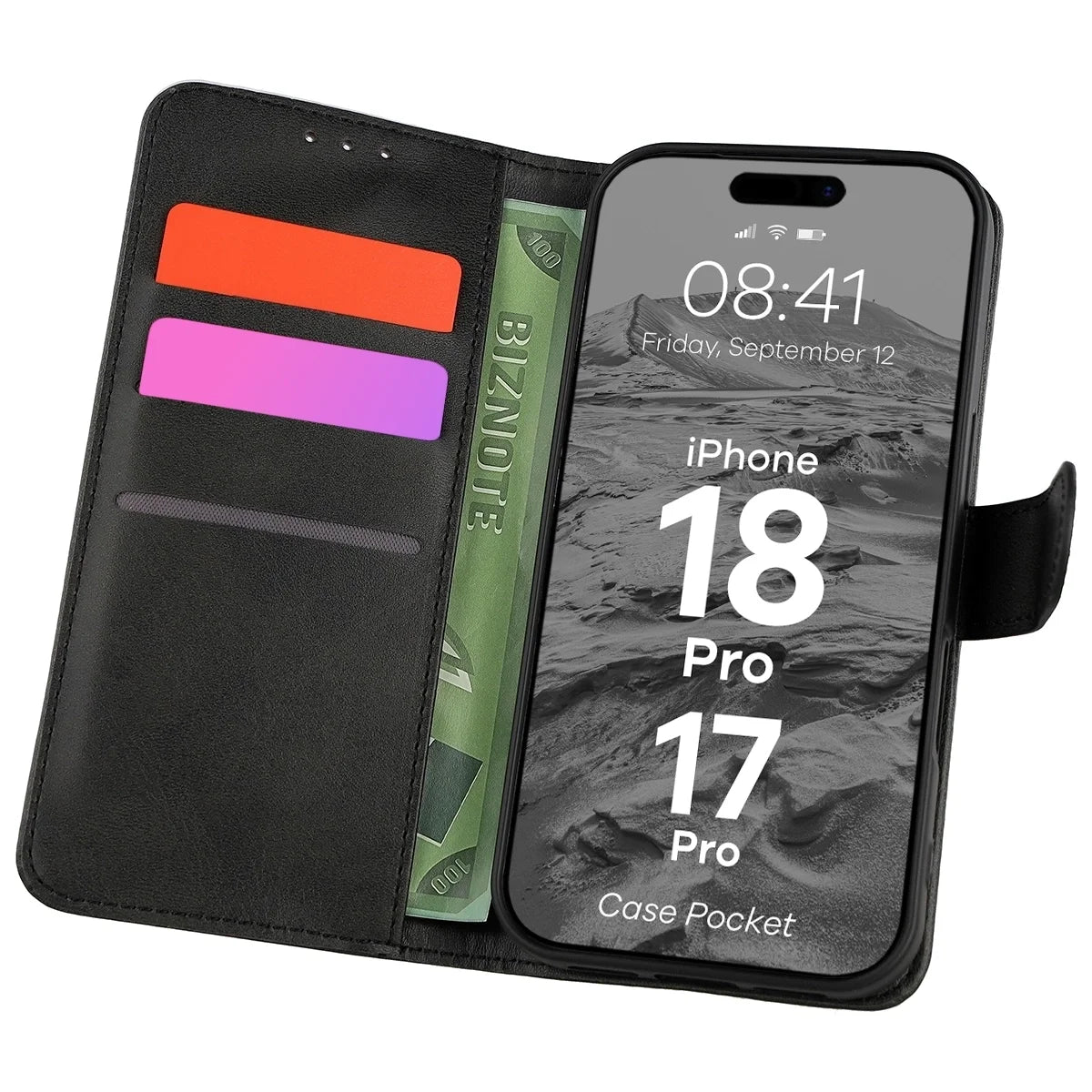 Handyhülle mit Klappe für iPhone 18 Pro / 17 Pro, Bizon Case Pocket, Schwarz