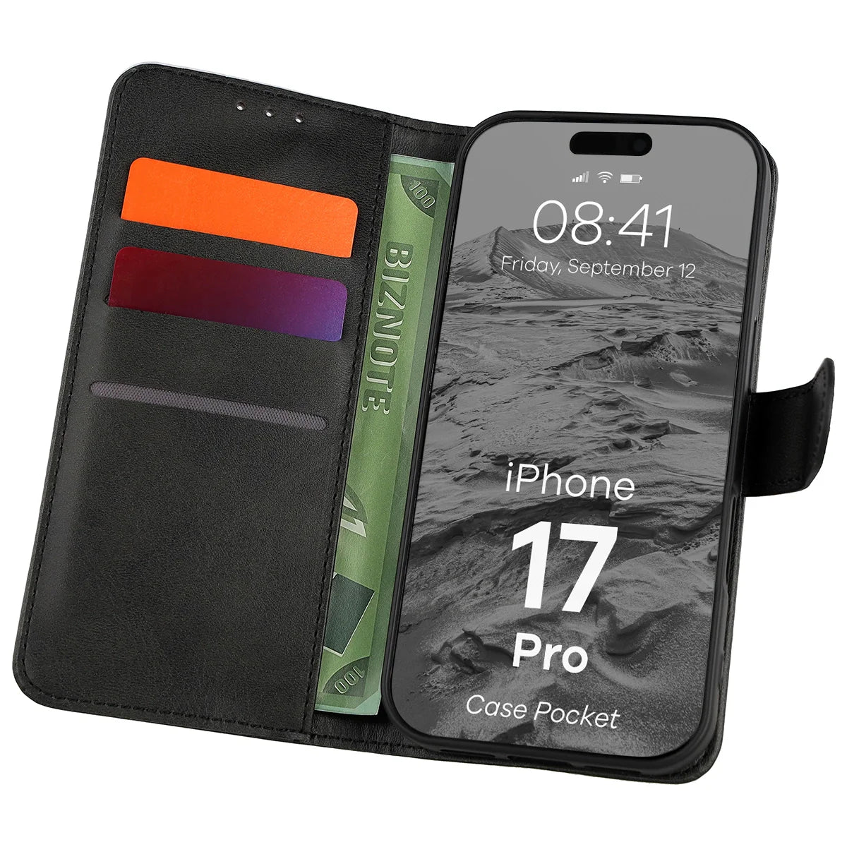 Handyhülle mit Klappe für iPhone 17 Pro, Bizon Case Pocket, Schwarz