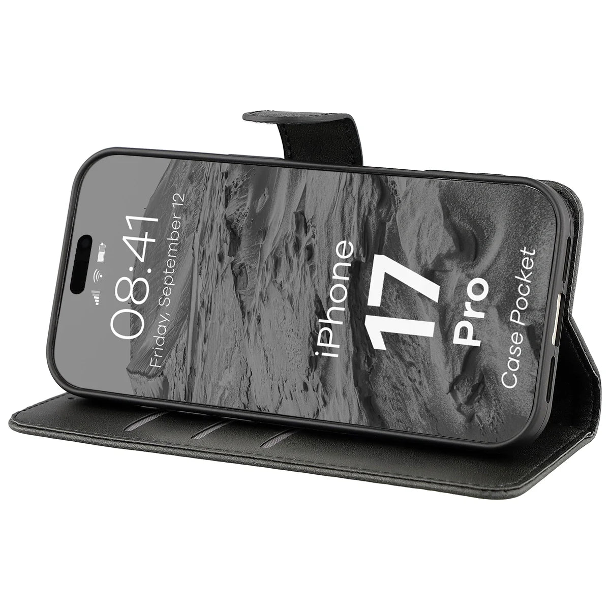 Handyhülle mit Klappe für iPhone 17 Pro, Bizon Case Pocket, Schwarz