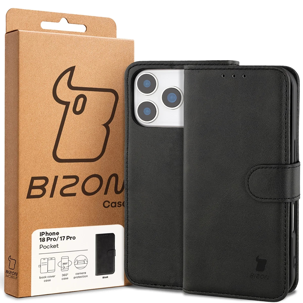 Handyhülle mit Klappe für iPhone 18 Pro / 17 Pro, Bizon Case Pocket, Schwarz