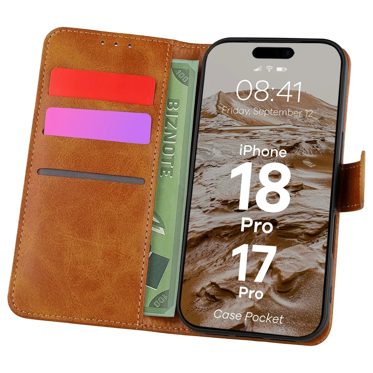 Handyhülle mit Klappe für iPhone 18 Pro / 17 Pro, Bizon Case Pocket, Braun