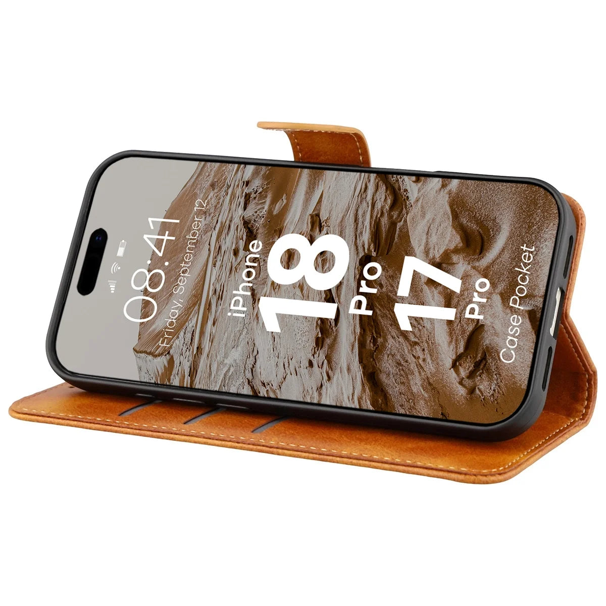 Handyhülle mit Klappe für iPhone 18 Pro / 17 Pro, Bizon Case Pocket, Braun