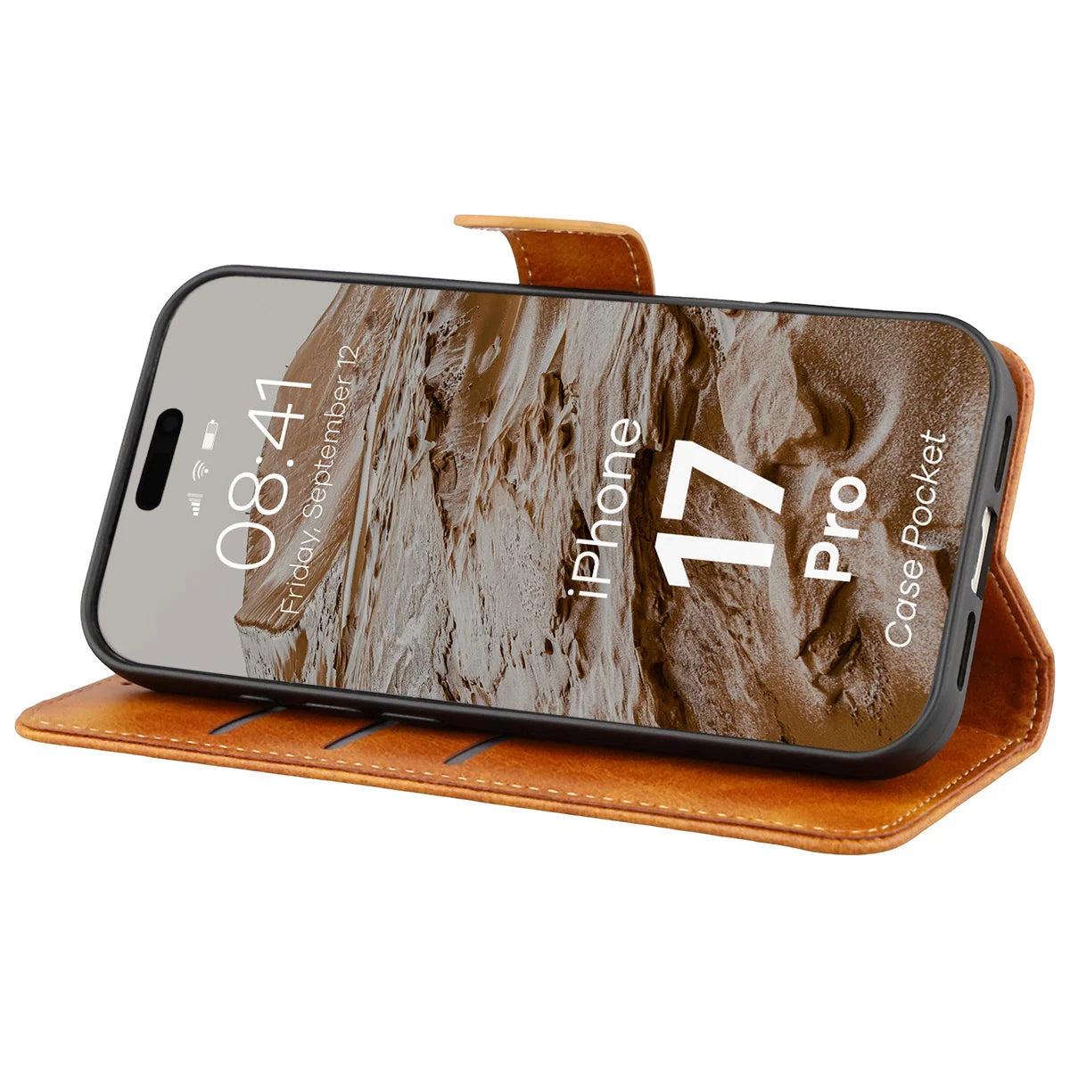 Handyhülle mit Klappe für iPhone 17 Pro, Bizon Case Pocket, Braun