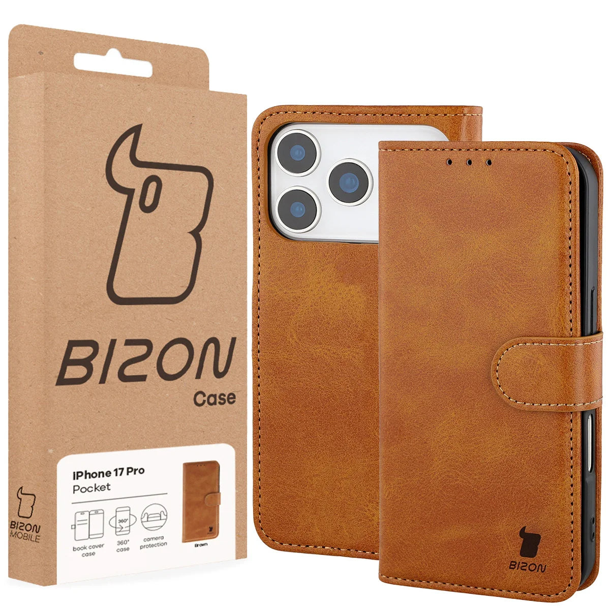 Handyhülle mit Klappe für iPhone 17 Pro, Bizon Case Pocket, Braun