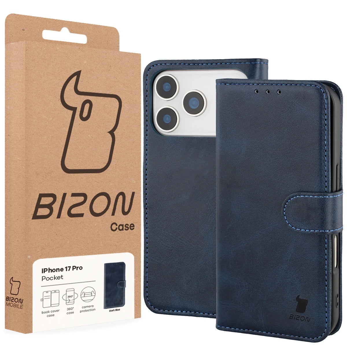 Handyhülle mit Klappe für iPhone 17 Pro, Bizon Case Pocket, Dunkelblau