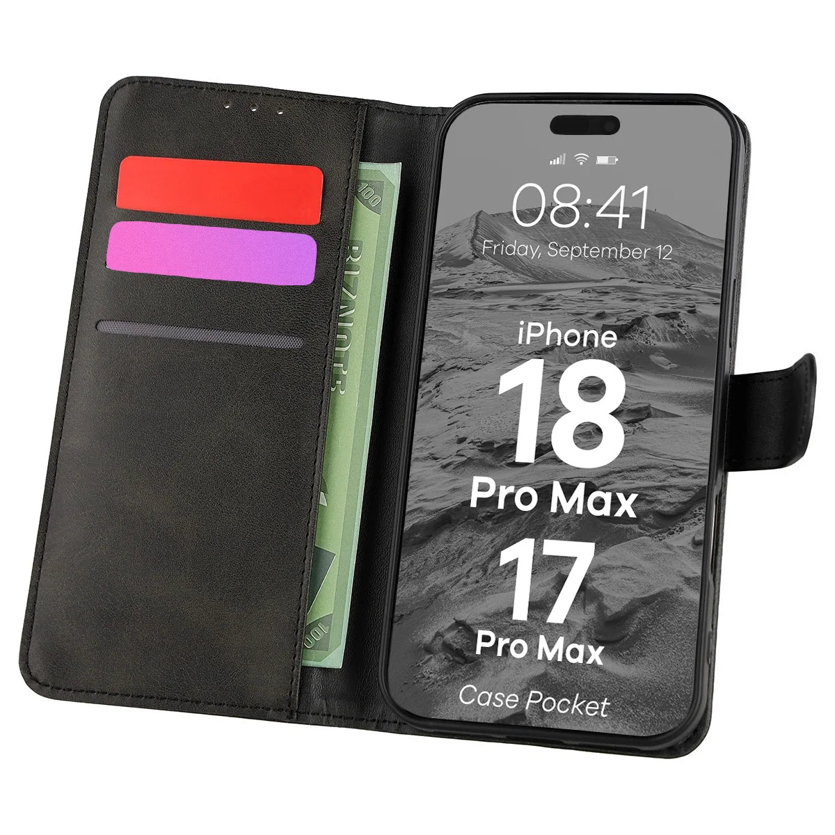 Handyhülle mit Klappe für iPhone 18 Pro Max / 17 Pro Max, Bizon Case Pocket, Schwarz