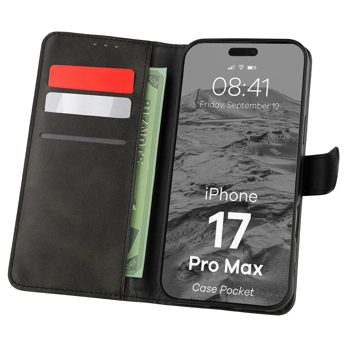 Handyhülle mit Klappe für iPhone 17 Pro Max, Bizon Case Pocket, Schwarz
