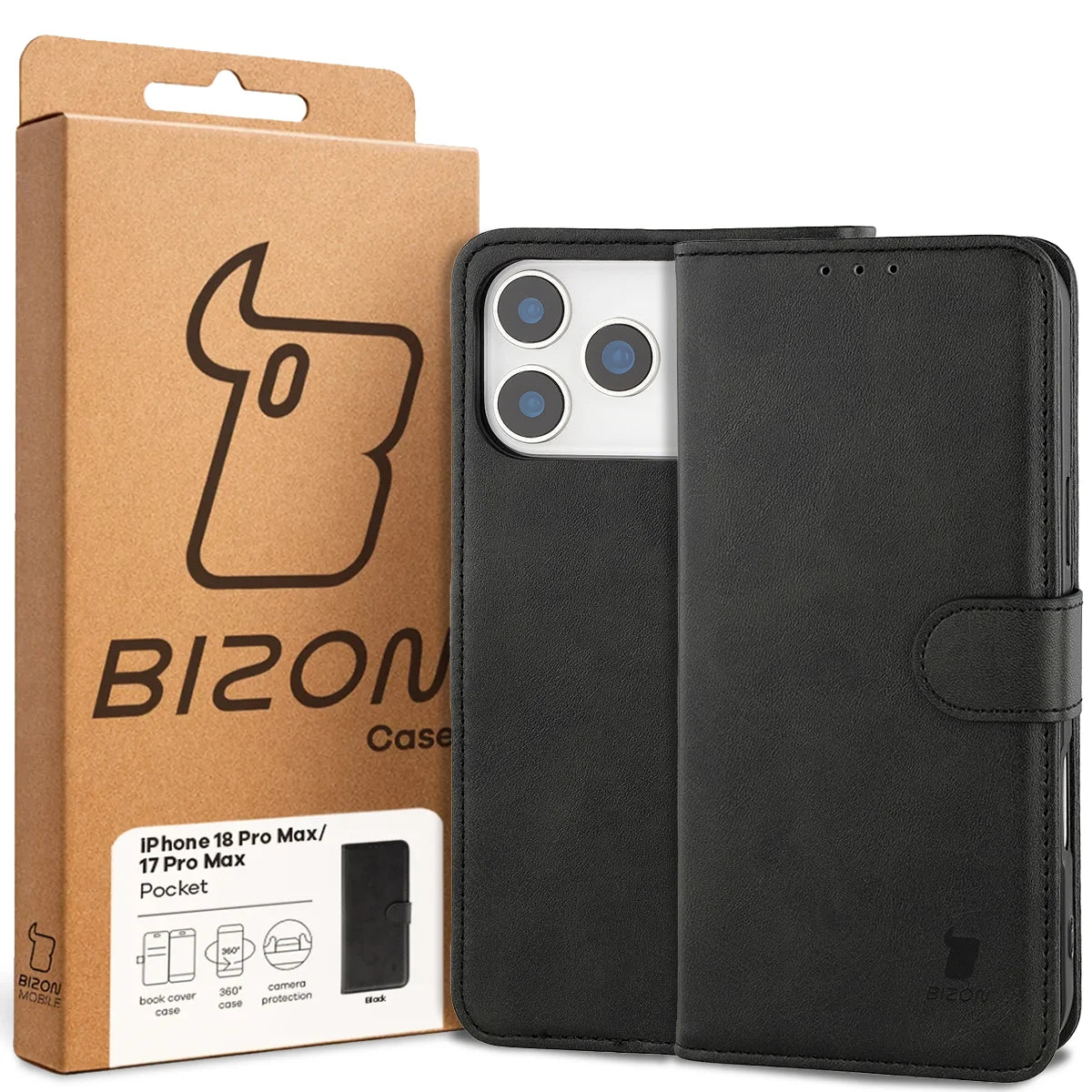 Handyhülle mit Klappe für iPhone 18 Pro Max / 17 Pro Max, Bizon Case Pocket, Schwarz