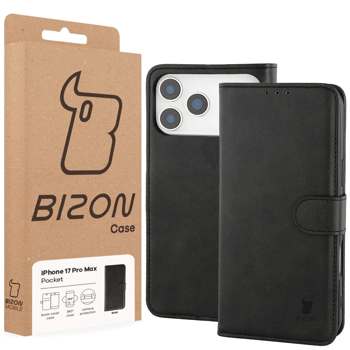 Handyhülle mit Klappe für iPhone 17 Pro Max, Bizon Case Pocket, Schwarz