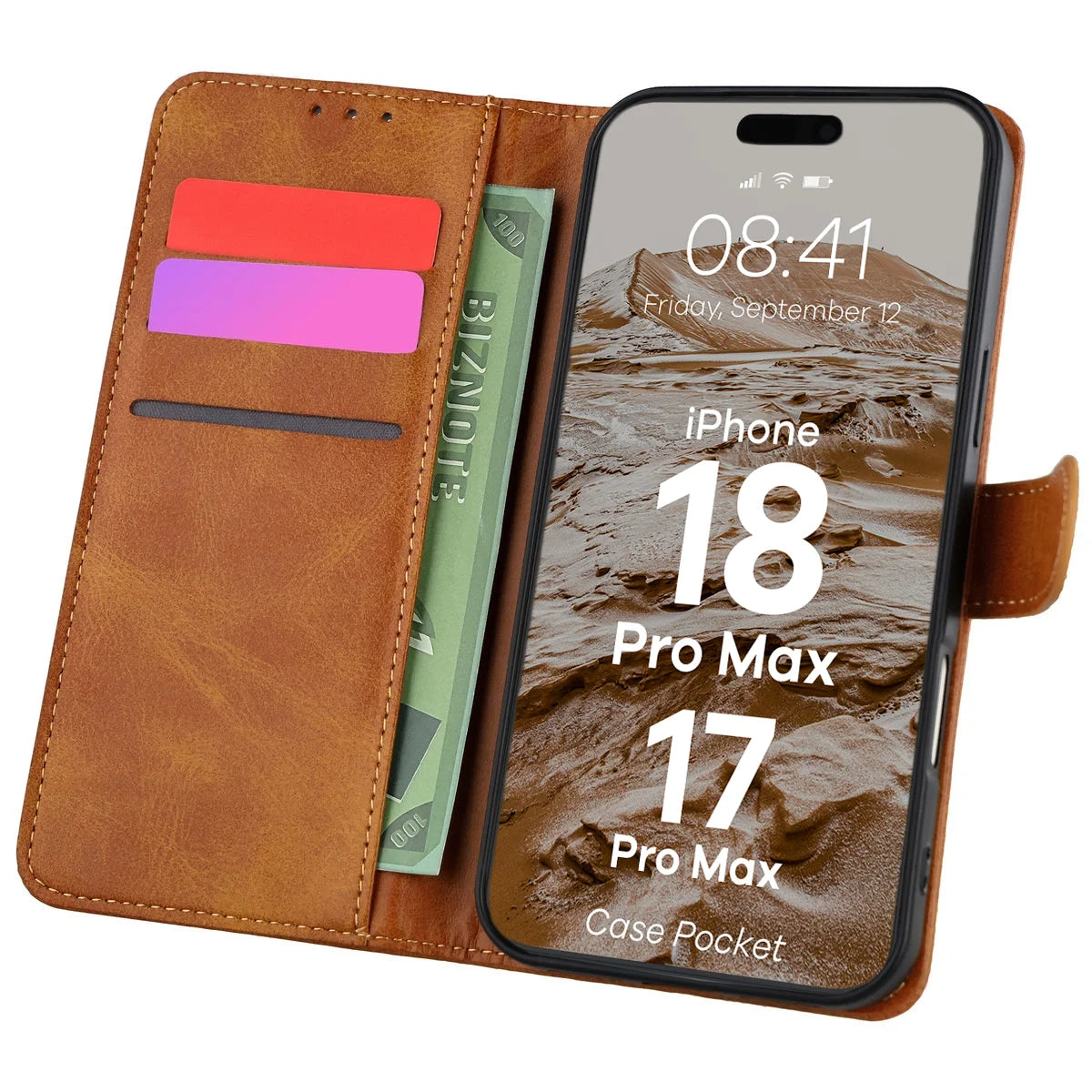 Handyhülle mit Klappe für iPhone 18 Pro Max / 17 Pro Max, Bizon Case Pocket, Braun