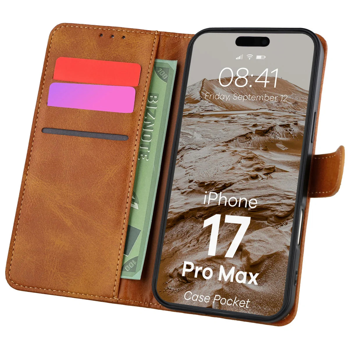 Handyhülle mit Klappe für iPhone 17 Pro Max, Bizon Case Pocket, Braun