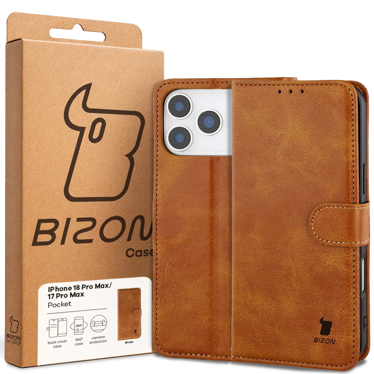 Handyhülle mit Klappe für iPhone 18 Pro Max / 17 Pro Max, Bizon Case Pocket, Braun