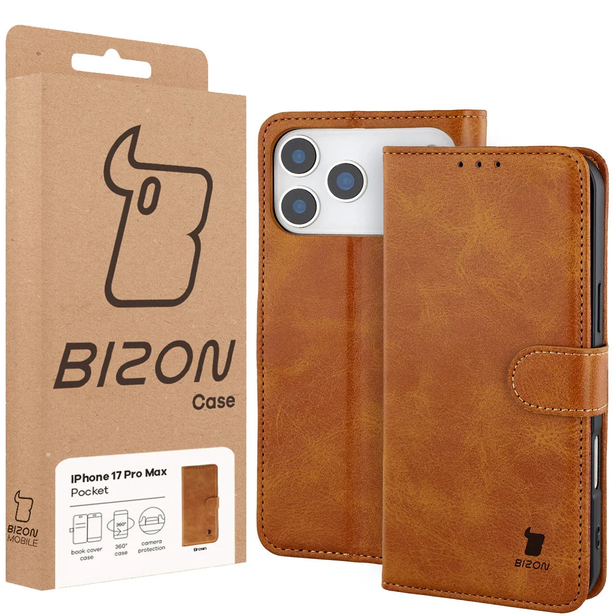 Handyhülle mit Klappe für iPhone 17 Pro Max, Bizon Case Pocket, Braun