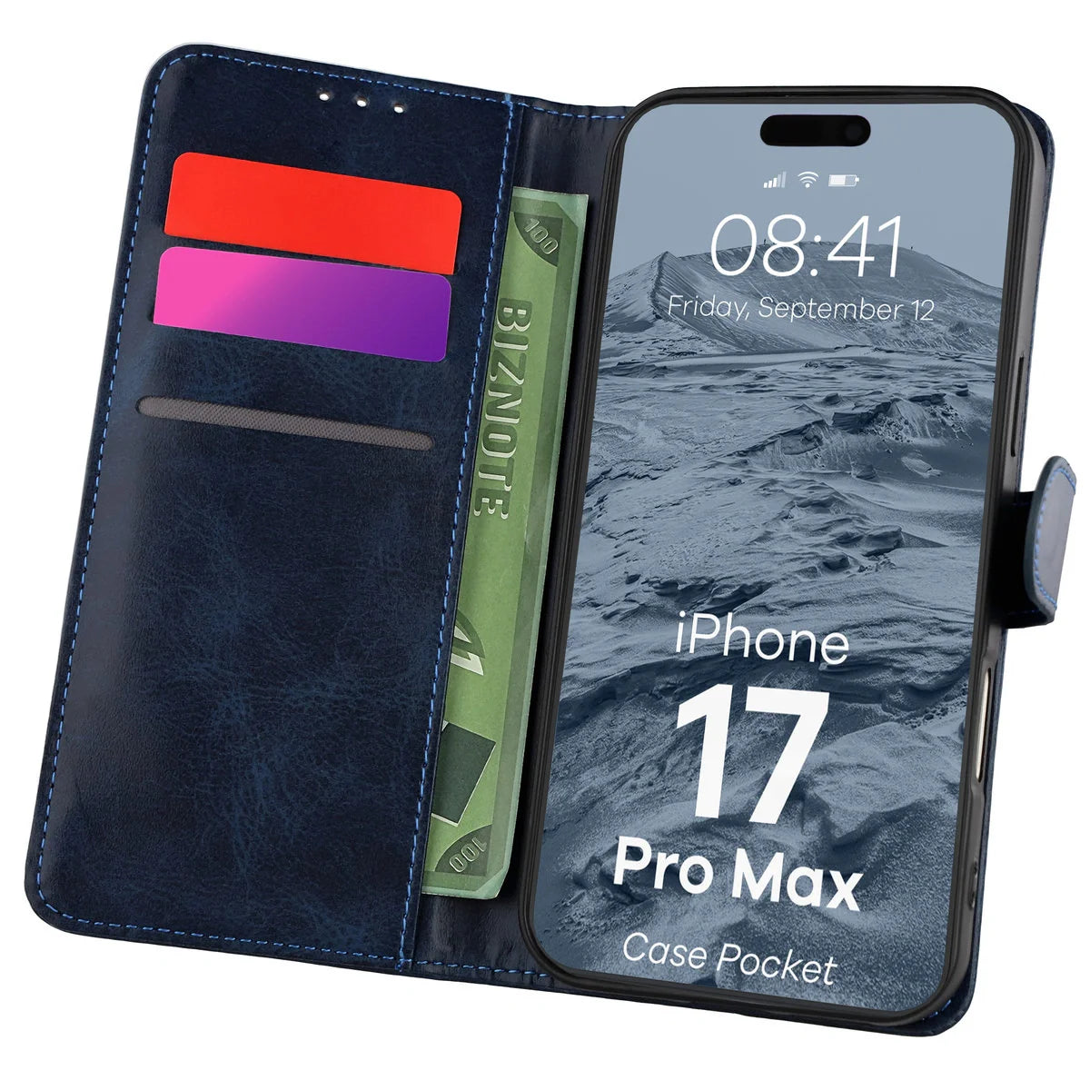 Handyhülle mit Klappe für iPhone 17 Pro Max, Bizon Case Pocket, Dunkelblau