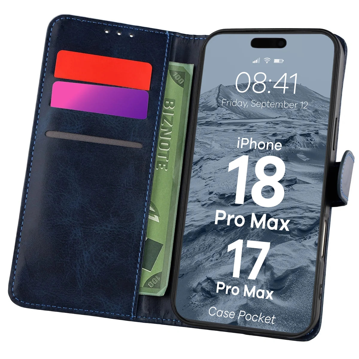 Handyhülle mit Klappe für iPhone 18 Pro Max / 17 Pro Max, Bizon Case Pocket, Dunkelblau