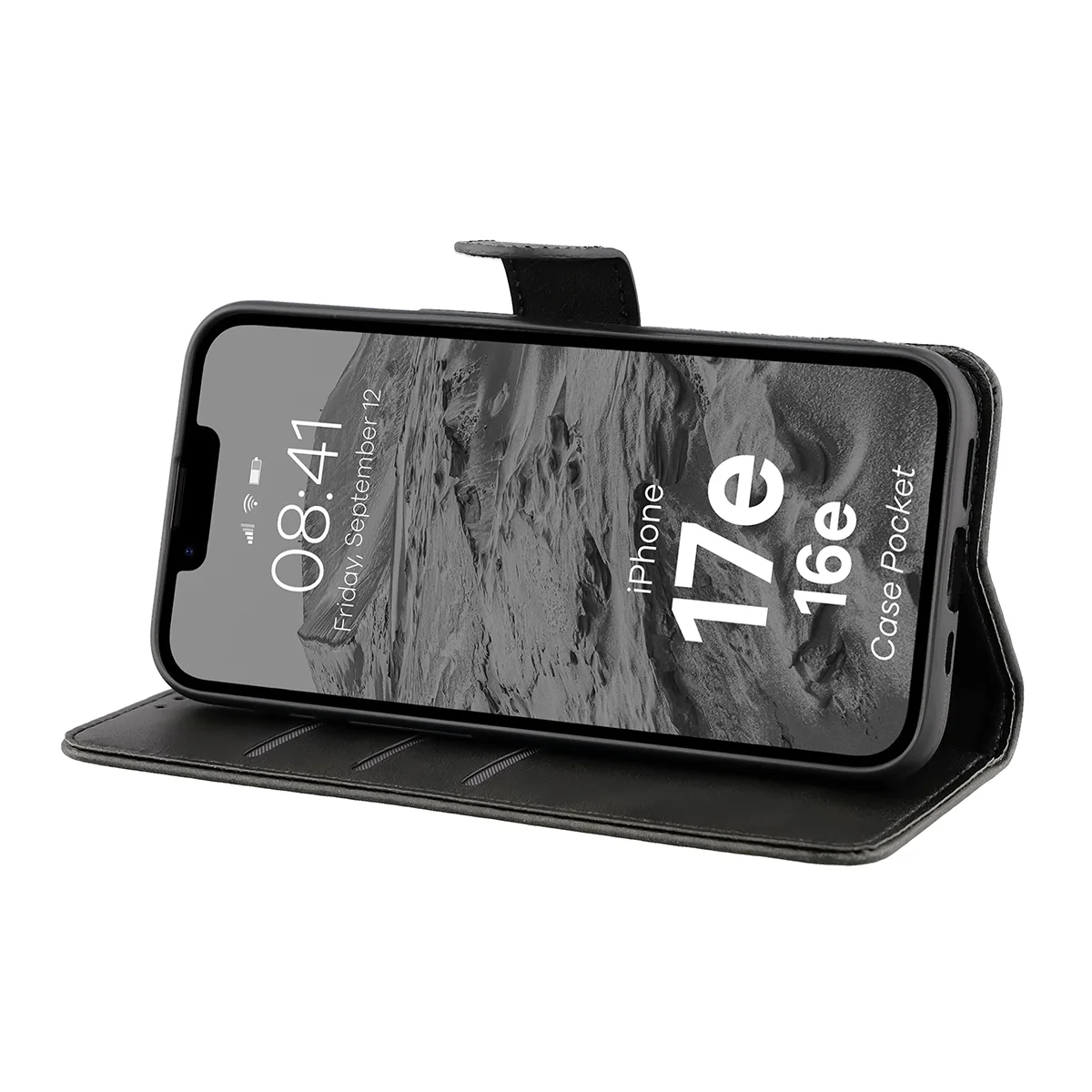 Handyhülle mit Klappe für iPhone 17e / 16e, Bizon Case Pocket, Schwarz