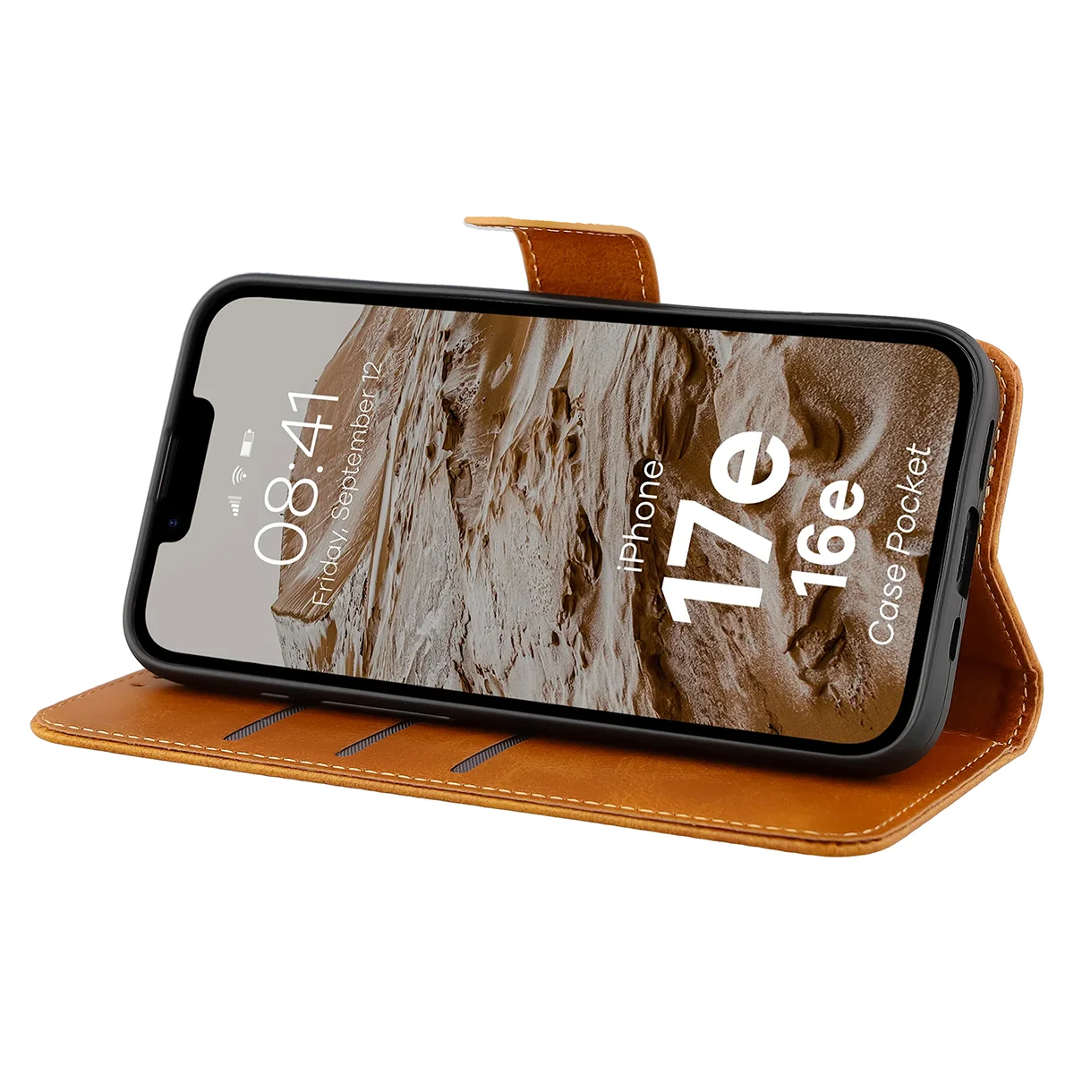 Handyhülle mit Klappe für iPhone 17e / 16e, Bizon Case Pocket, Braun