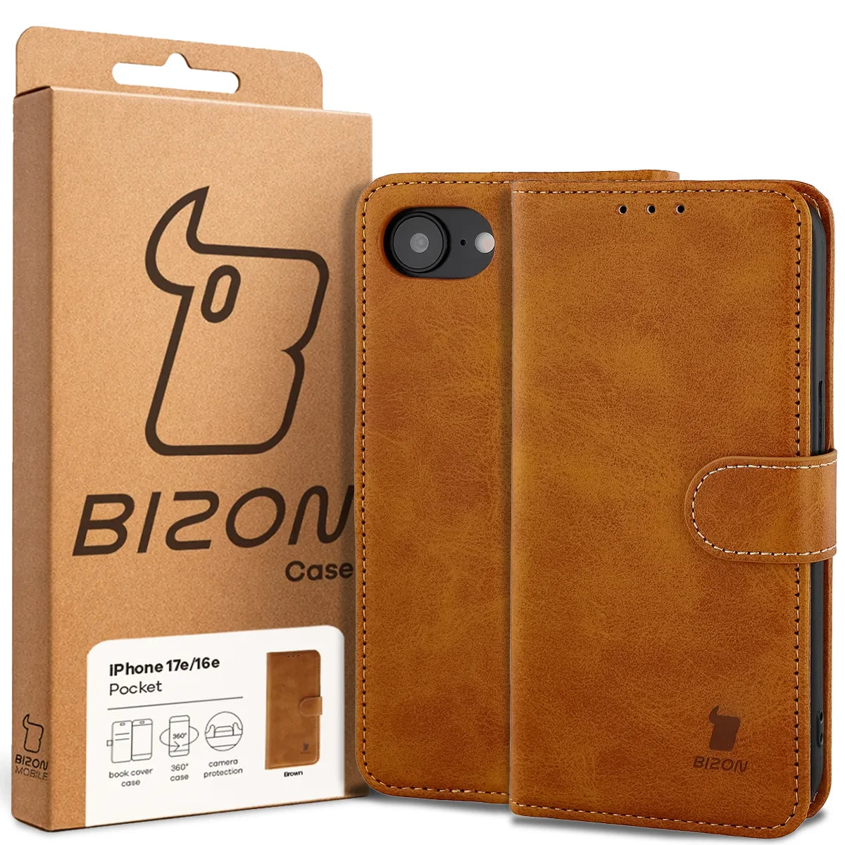 Handyhülle mit Klappe für iPhone 17e / 16e, Bizon Case Pocket, Braun