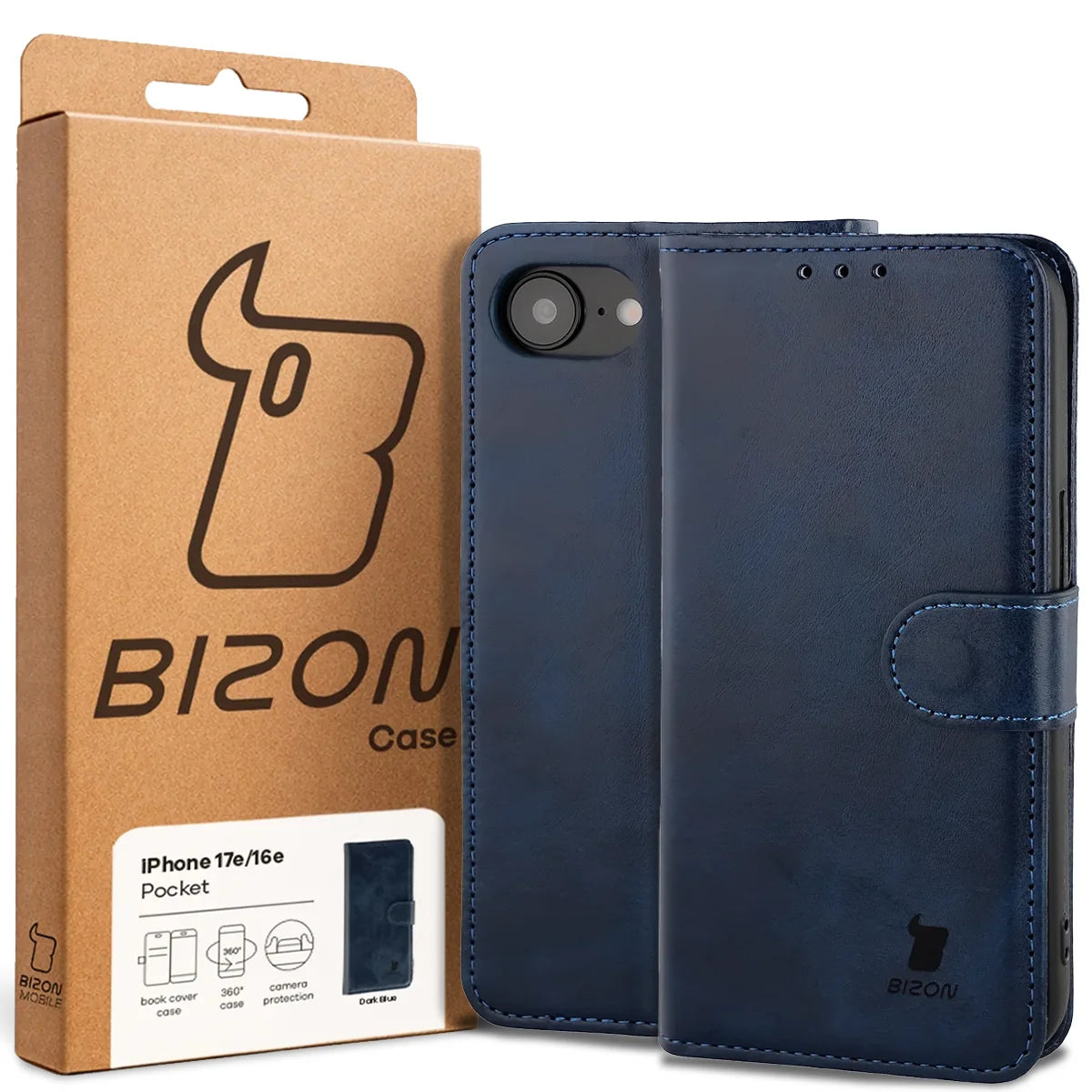 Handyhülle mit Klappe für iPhone 17e / 16e, Bizon Case Pocket, Dunkelblau