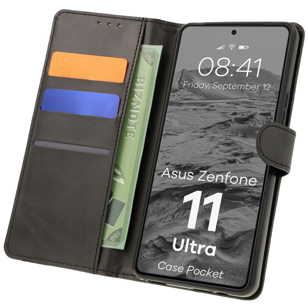 Handyhülle mit Klappe für Asus Zenfone 11 Ultra, Bizon Case Pocket, Schwarz