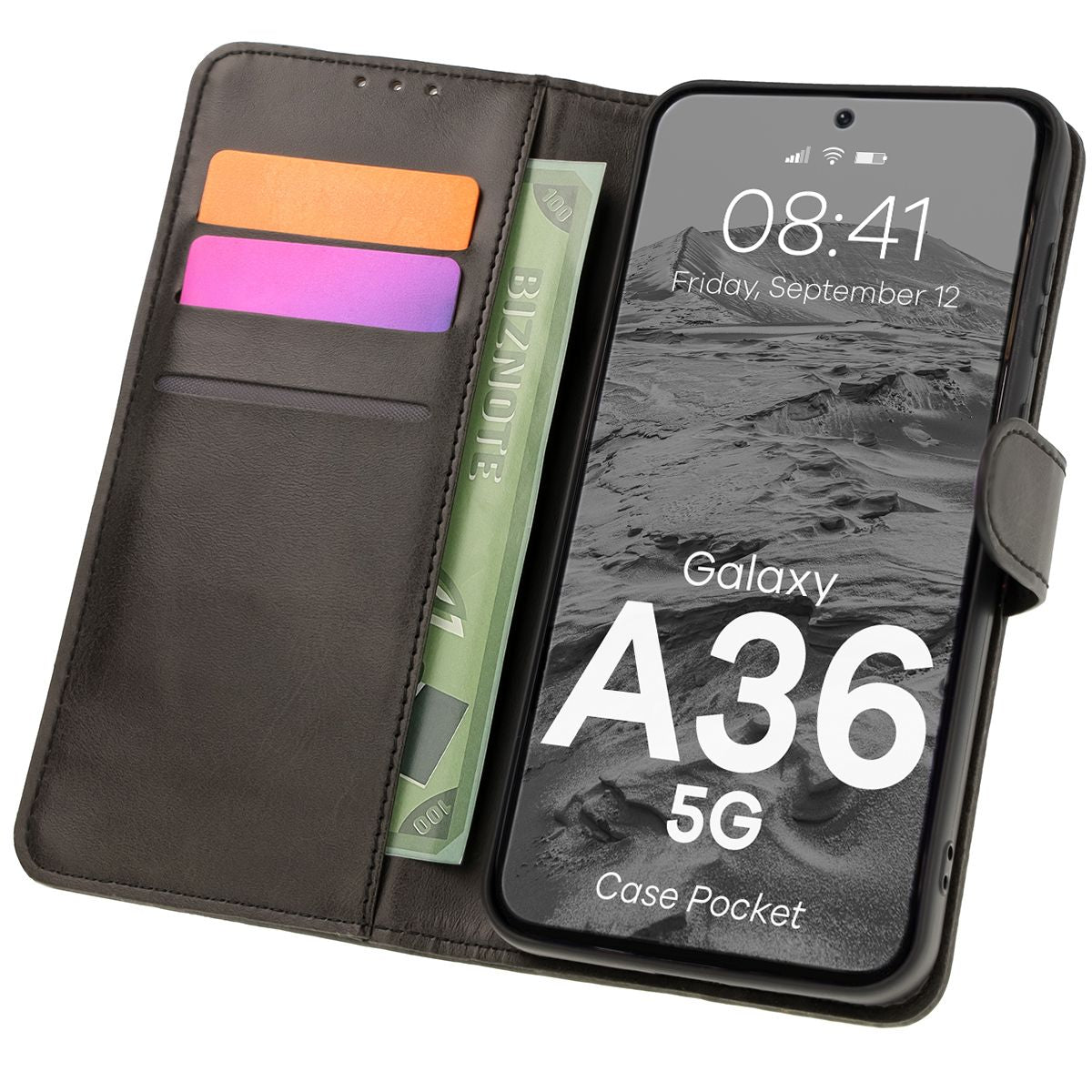 Handyhülle mit Klappe für Galaxy A36 5G, Bizon Case Pocket, Schwarz