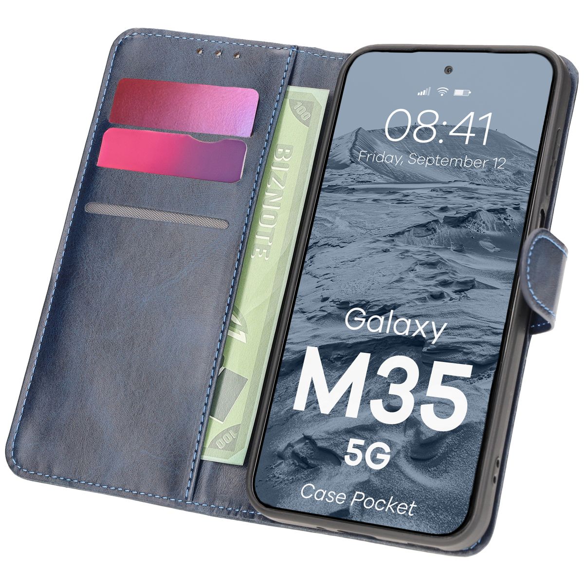 Handyhülle mit Klappe für Galaxy M35 5G, Bizon Case Pocket, Dunkelblau