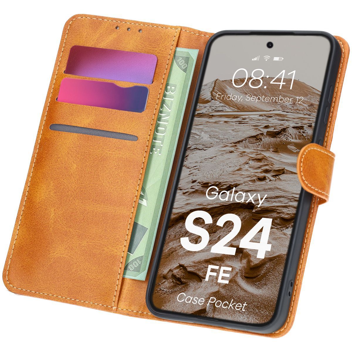 Handyhülle mit Klappe für Galaxy S24 FE, Bizon Case Pocket, Braun