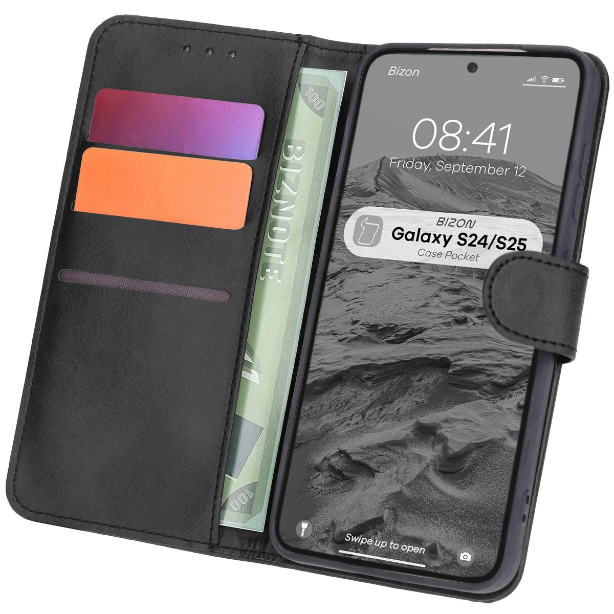 Handyhülle mit Klappe für Galaxy S25 / S24, Bizon Case Pocket, Schwarz