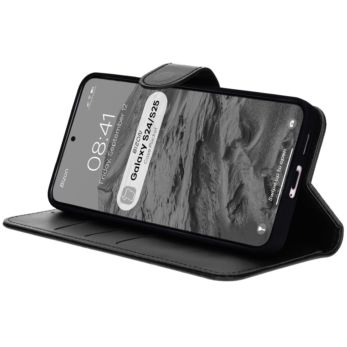 Handyhülle mit Klappe für Galaxy S25 / S24, Bizon Case Pocket, Schwarz