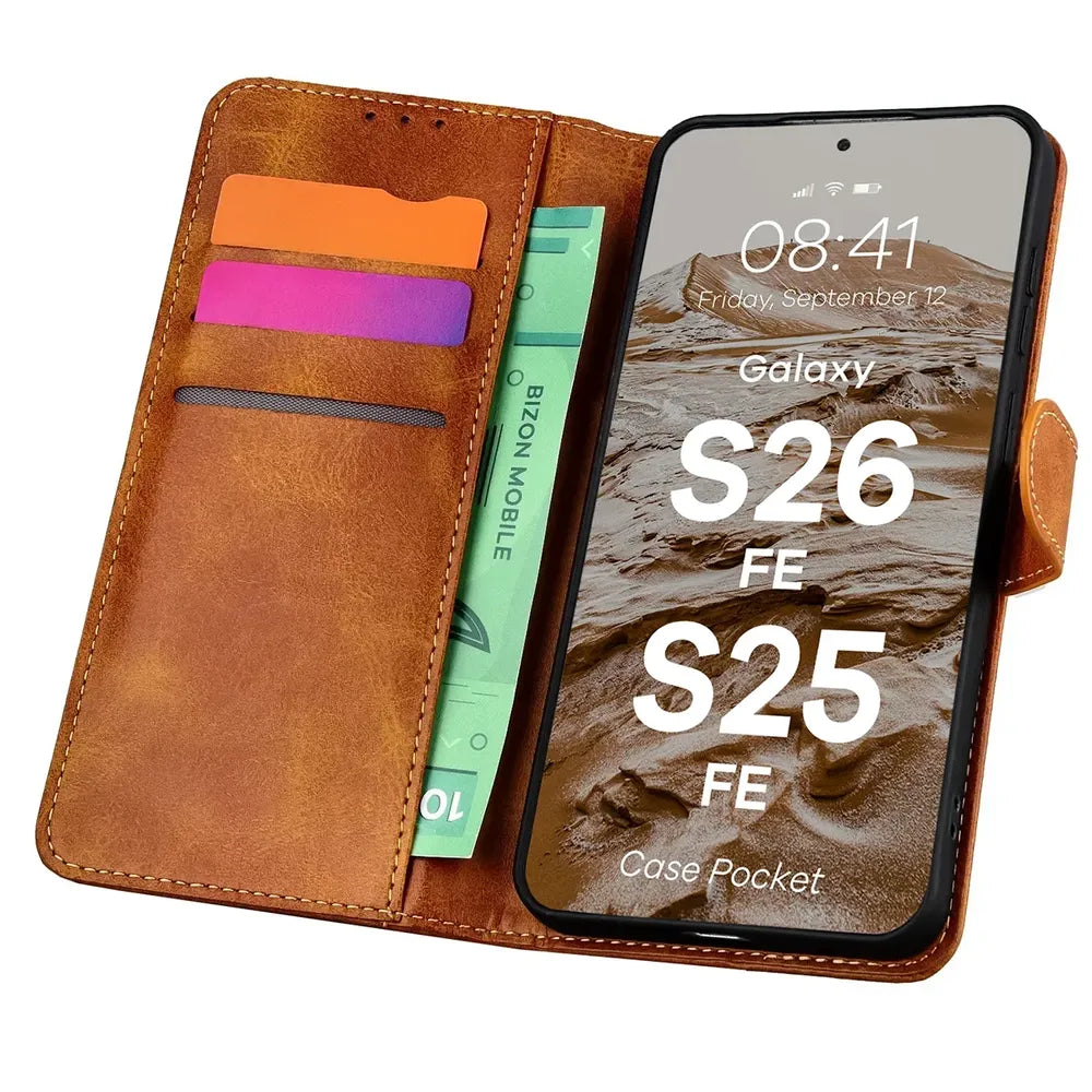 Handyhülle mit Klappe für Galaxy S26 FE / S25 FE, Bizon Case Pocket, Braun (1/6)