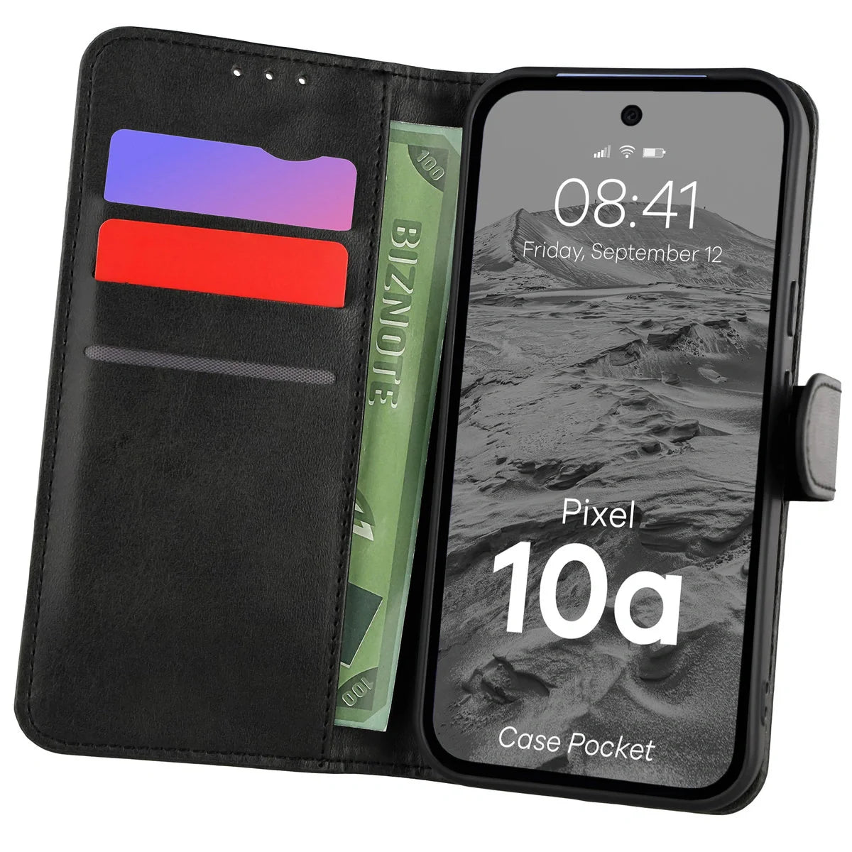 Handyhülle mit Klappe für Google Pixel 10a, Bizon Case Pocket, Schwarz