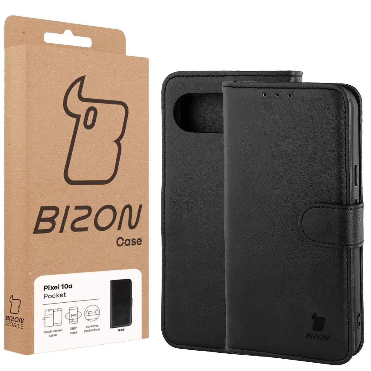 Handyhülle mit Klappe für Google Pixel 10a, Bizon Case Pocket, Schwarz