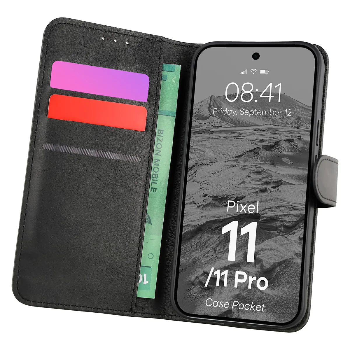 Handyhülle mit Klappe für Google Pixel 11 / 11 Pro, Bizon Case Pocket, Schwarz