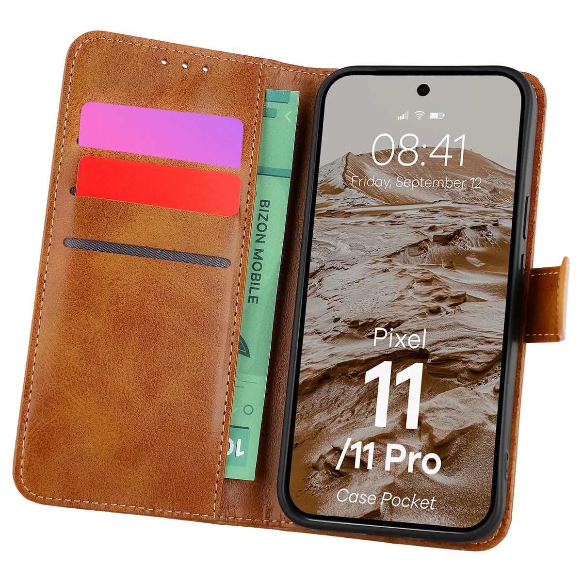 Handyhülle mit Klappe für Google Pixel 11 / 11 Pro, Bizon Case Pocket, Braun