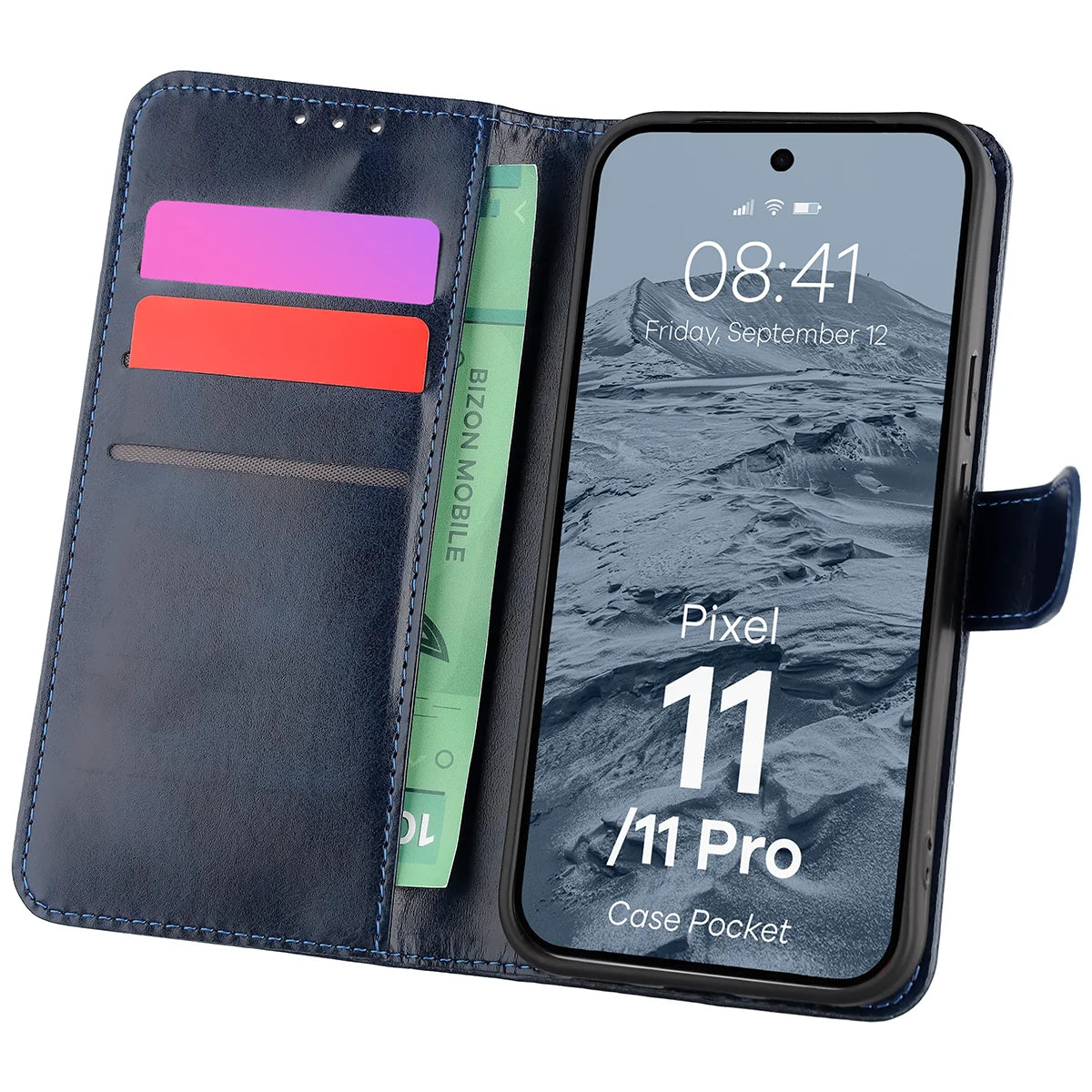 Handyhülle mit Klappe für Google Pixel 11 / 11 Pro, Bizon Case Pocket, Dunkelblau