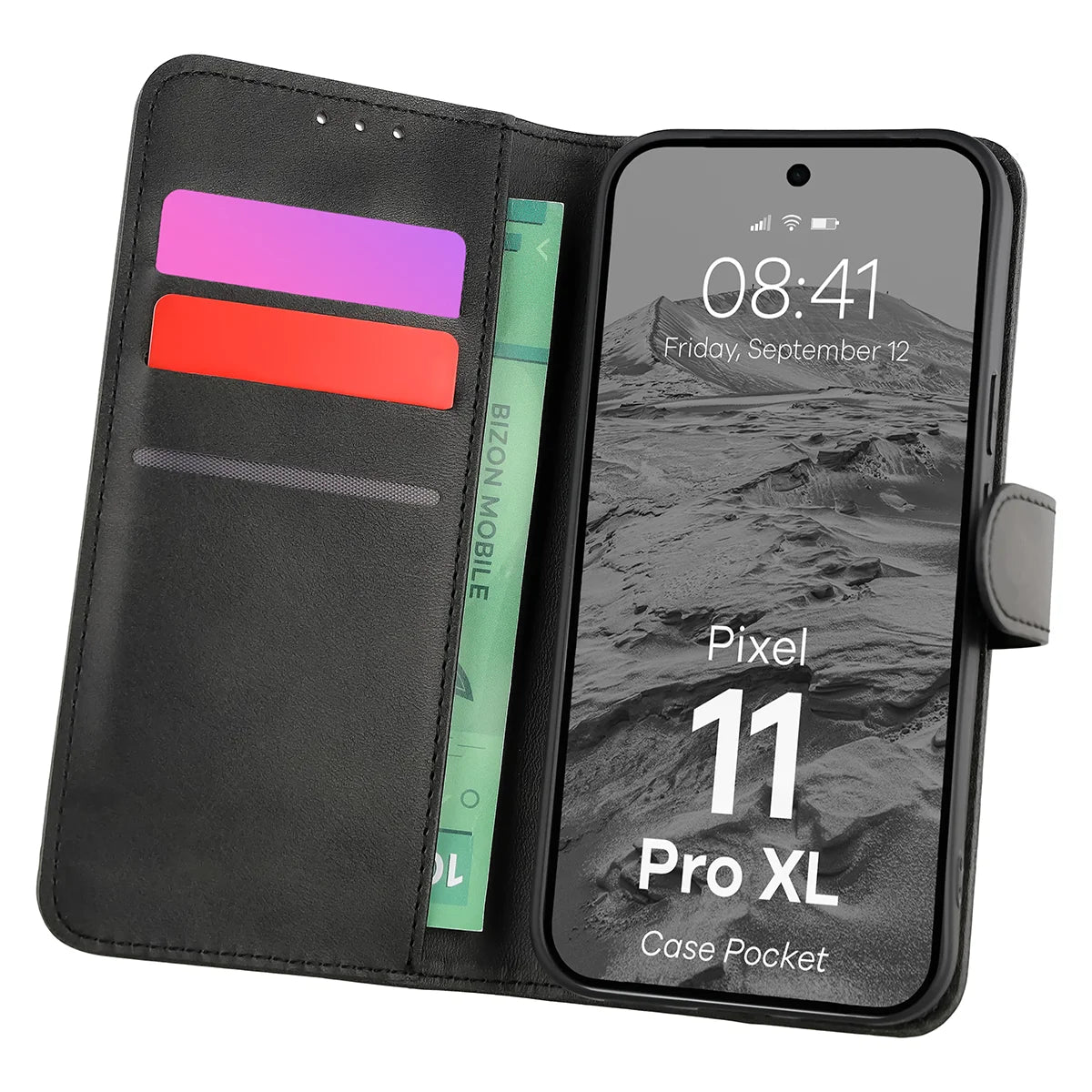 Handyhülle mit Klappe für Google Pixel 11 Pro XL, Bizon Case Pocket, Schwarz