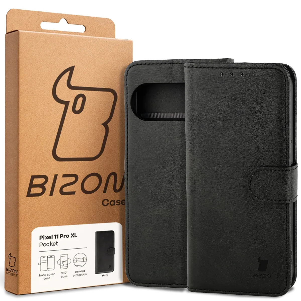 Handyhülle mit Klappe für Google Pixel 11 Pro XL, Bizon Case Pocket, Schwarz