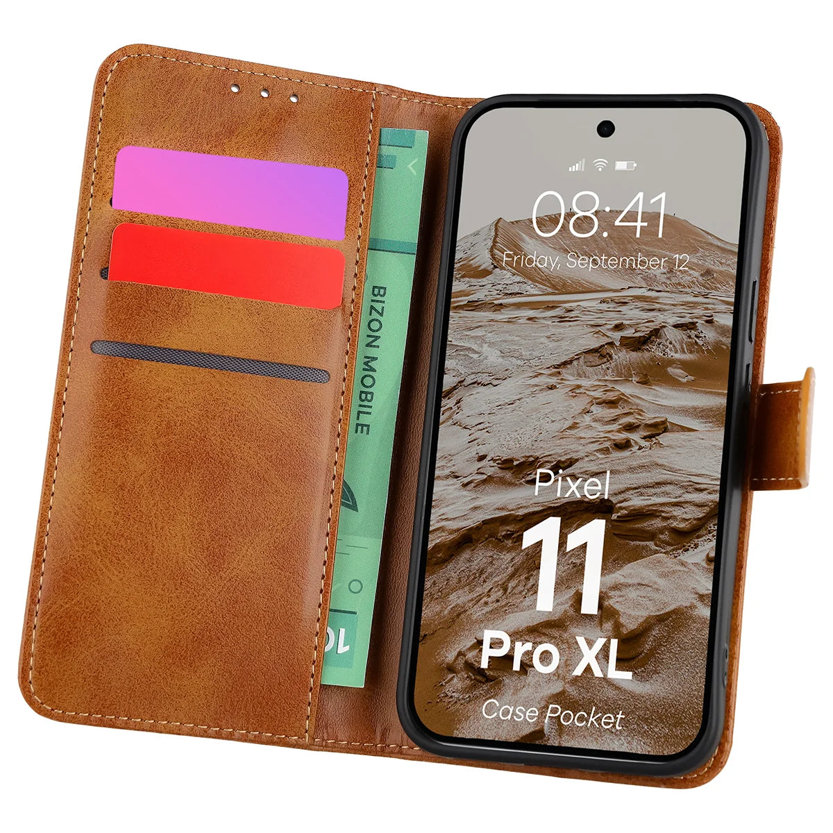 Handyhülle mit Klappe für Google Pixel 11 Pro XL, Bizon Case Pocket, Braun